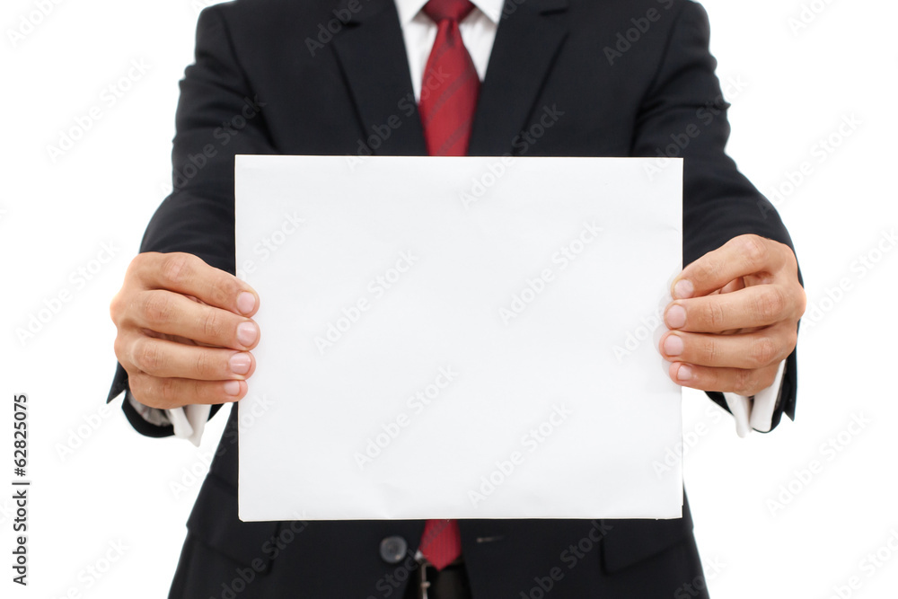 Business man showing his white board Business man showing his white board