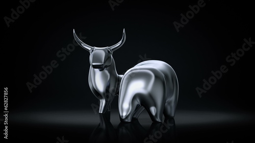 A Bull versus a Bear. Artistic metallic figurines of a bull and a bear are standing opposite of the each other on a black reflective background. 3D rendering cyclic «seamless» turntable animation.