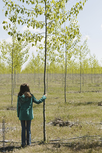 Ten year old girl standing next to commercially grown poplar tree on large tree farm, near Pendleton, Oregon. photo