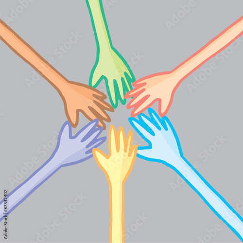 Six colorful hands in cooperation
