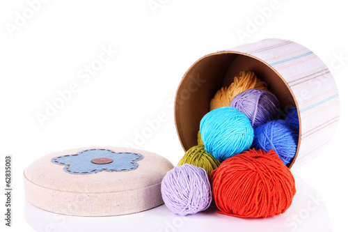 Decorative box with colorful yarn for knitting isolated on