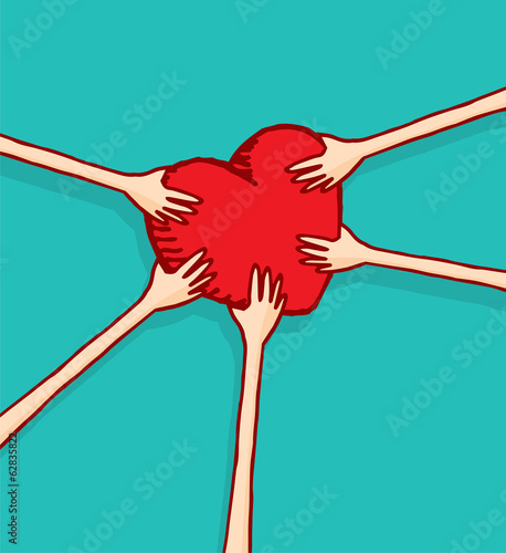 Many hands holding a heart