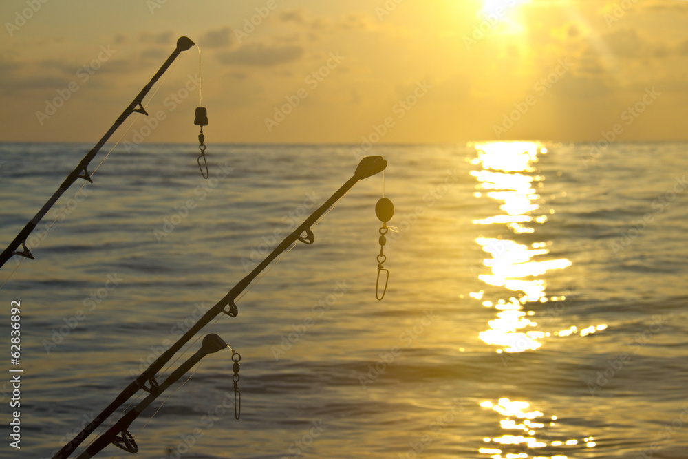 spinning rods in front of sunset sky