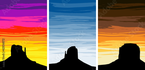 Monument Valley Silhouettes on Different Sunset Skies, EPS8 Vect