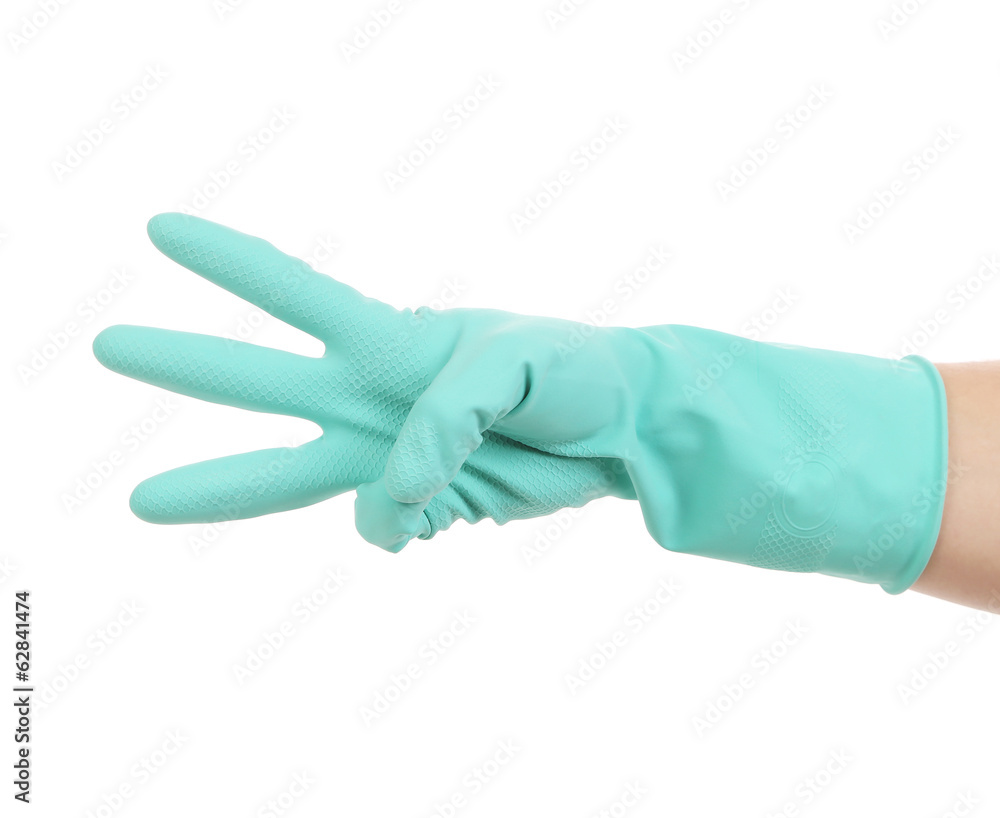 Hand shows three in rubber glove.