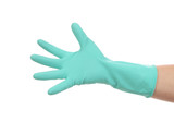Hand in blue glove.