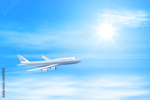 Illustration of airplane in the sky with sun