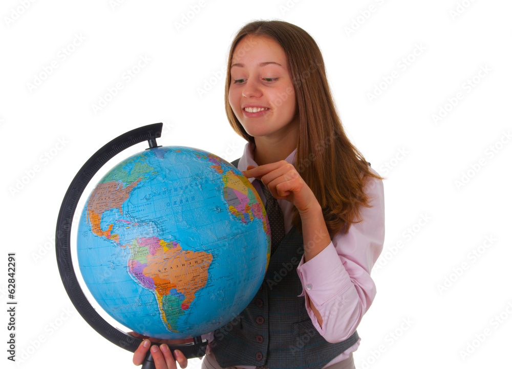 girl with globe. Isolated on white background girl with globe. Isolated on white background