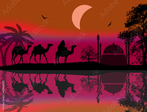 Bedouin riding camel during the red night