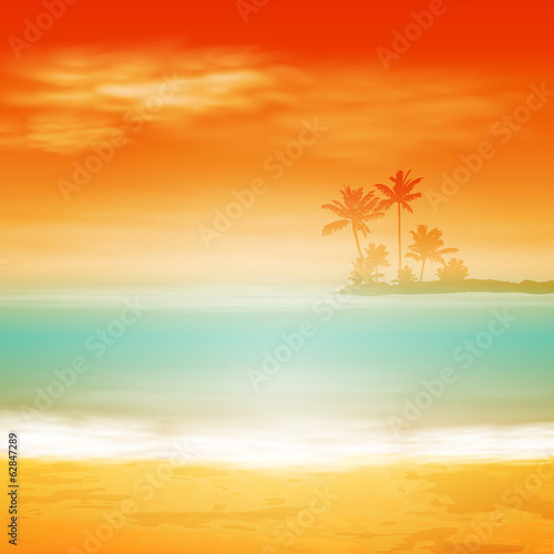 Sea sunset with island and palm trees.
