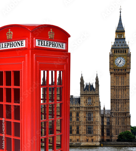 Telephone box and the Big Ben in London England UK