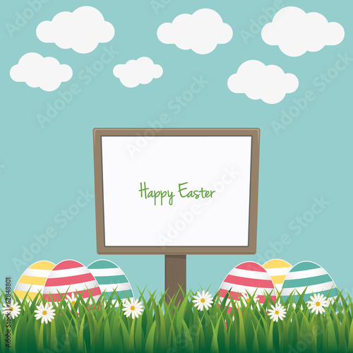 happy easter sign board colorful eggs daisy meadow
