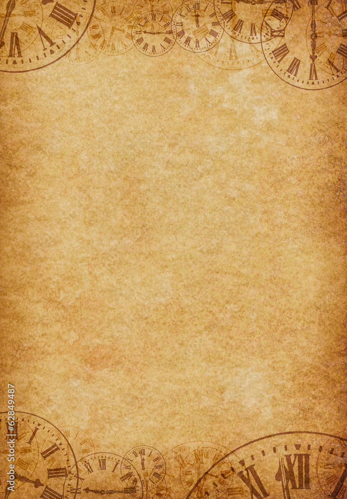 Vintage Grunge Parchment Background with Clock Faces Portrait Stock