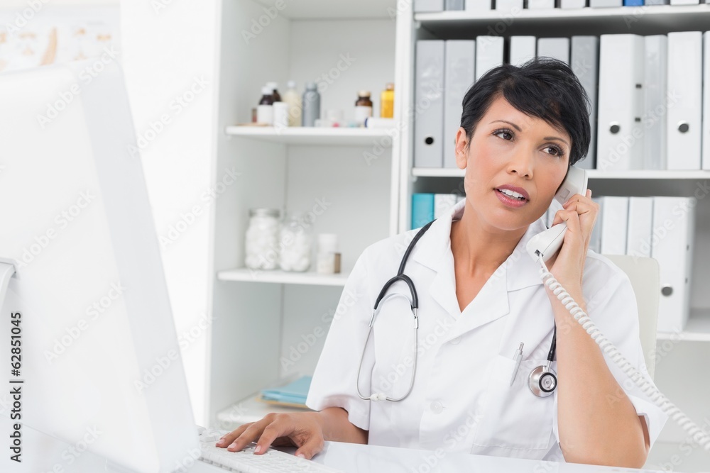Doctor using computer and telephone Doctor using computer and telephone