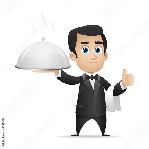 Waiter holding tray and showing thumbs up