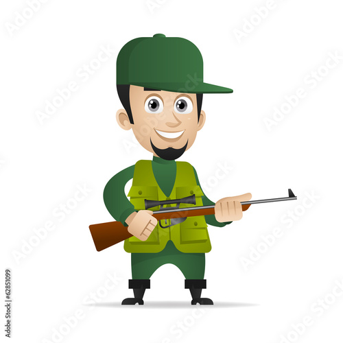 Concept cheerful hunter holds shotgun