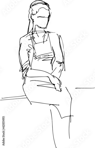 girl in apron sits on the windowsill