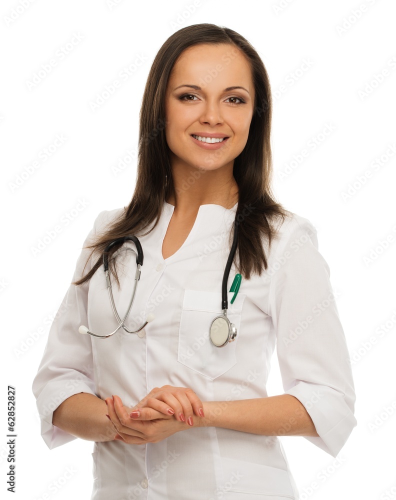 Young positive brunette doctor woman isolated on white Young positive brunette doctor woman isolated on white