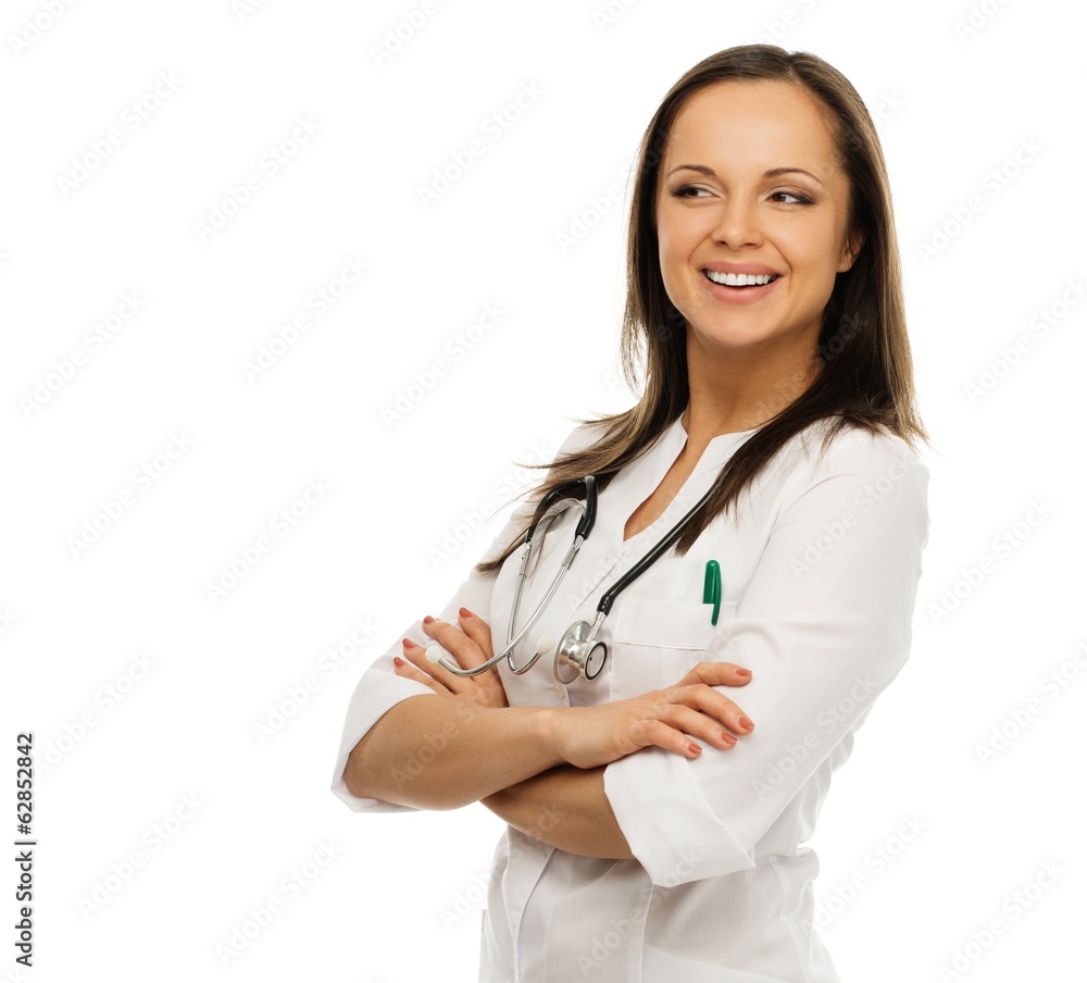 Young positive brunette doctor woman isolated on white Young positive brunette doctor woman isolated on white