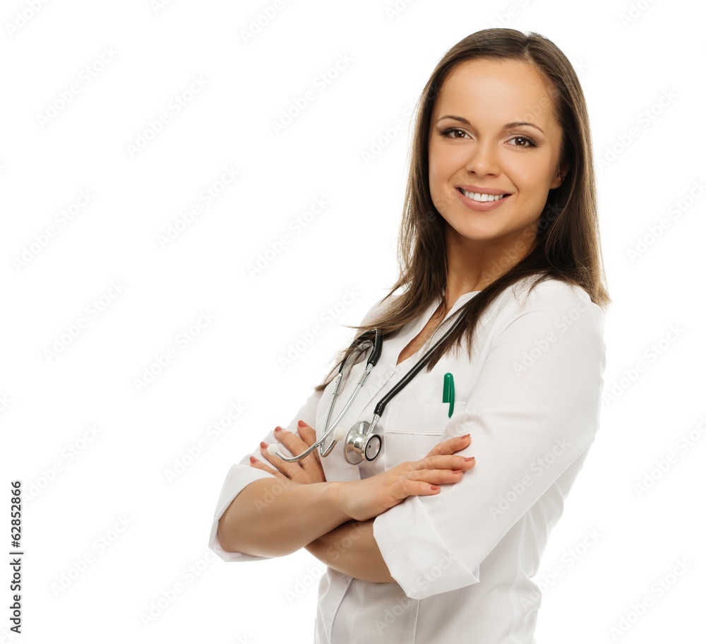 Young positive brunette doctor woman isolated on white Young positive brunette doctor woman isolated on white