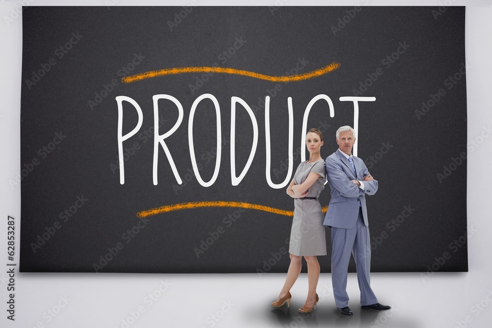 Business people standing against the word product Business people standing against the word product