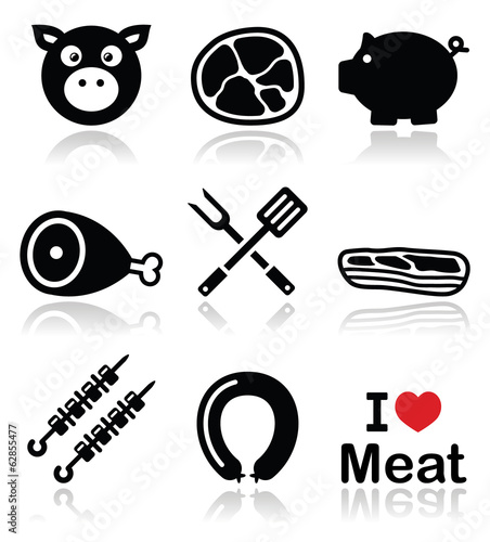Pig, pork meat - ham and bacon icons set