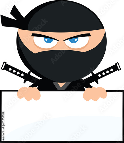 Angry Ninja Warrior Character Over Blank Sign.Flat Design