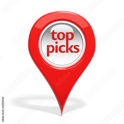 Red round 3D pin with "top picks" isolated