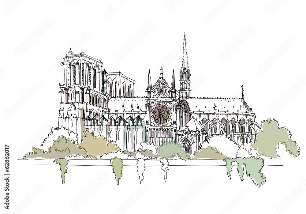 Fototapeta premium Paris, sketch collection: Notre Dame, Arch and Luevre