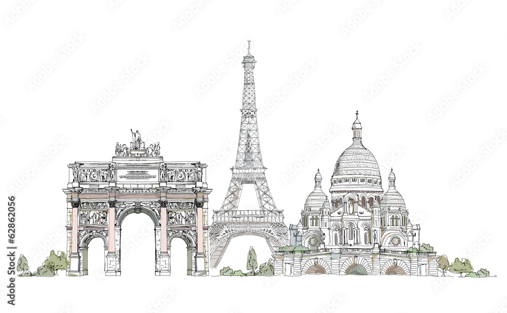 Fototapeta premium Paris, sketch collection: Notre Dame, Arch and Luevre