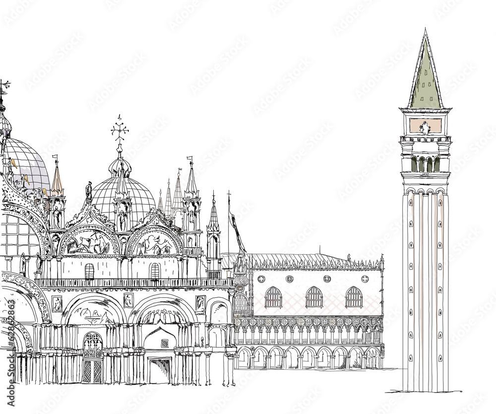 Venice, sketch collection of famous buildings