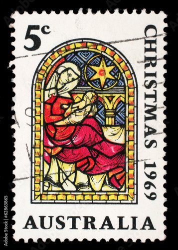 Stamp printed in Australia shows the Nativity, Christmas