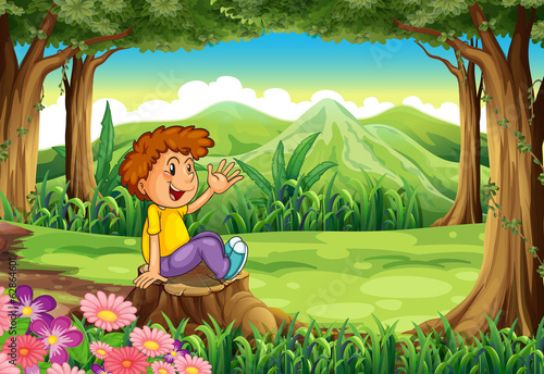 A stump with a happy boy