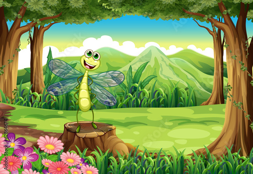 A stump at the jungle with a smiling dragonfly