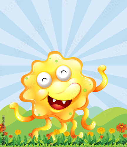 A happy monster near the hills