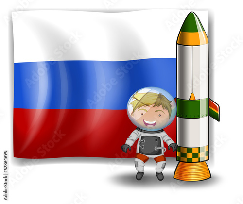The flag of Russia at the back of an explorer beside the rocket