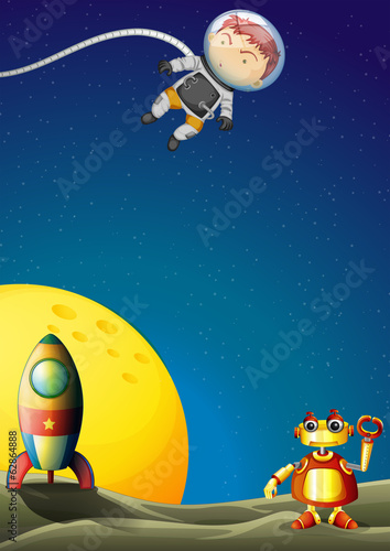 An astronaut and a robot in the outerspace