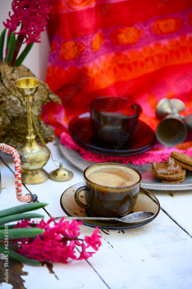 Coffee time in Eastern ethnic style and fucshia