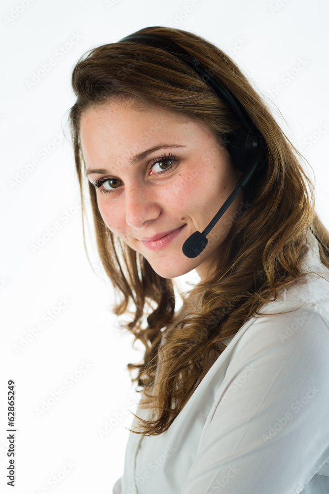 isolated portrait of a young female telephone operator isolated portrait of a young female telephone operator