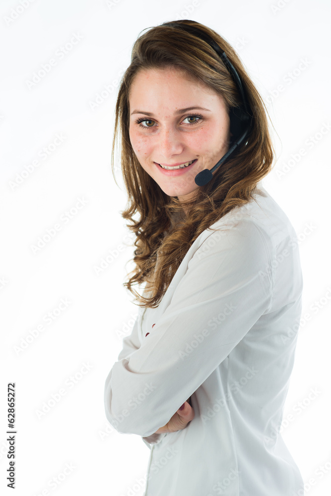 isolated portrait of a young female telephone operator