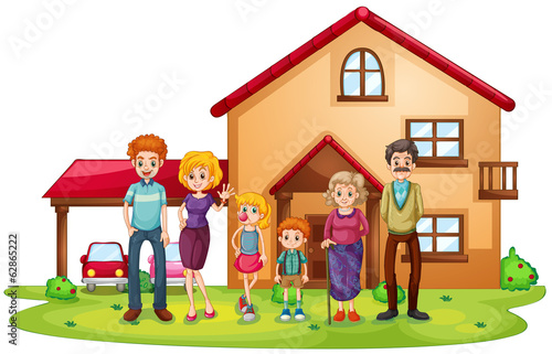 A big family in front of a big house