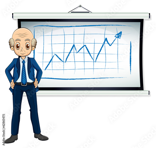 A bald old businessman in front of the whiteboard