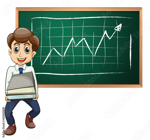 A man carrying a lot of documents with a blackboard at the back