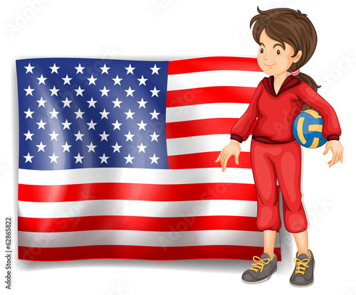 A sporty girl and the flag of the USA