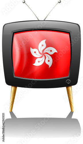 A TV showing the flag of Hongkong