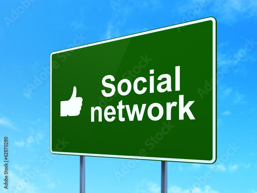 Social network concept: Social Network and Thumb Up on road sign