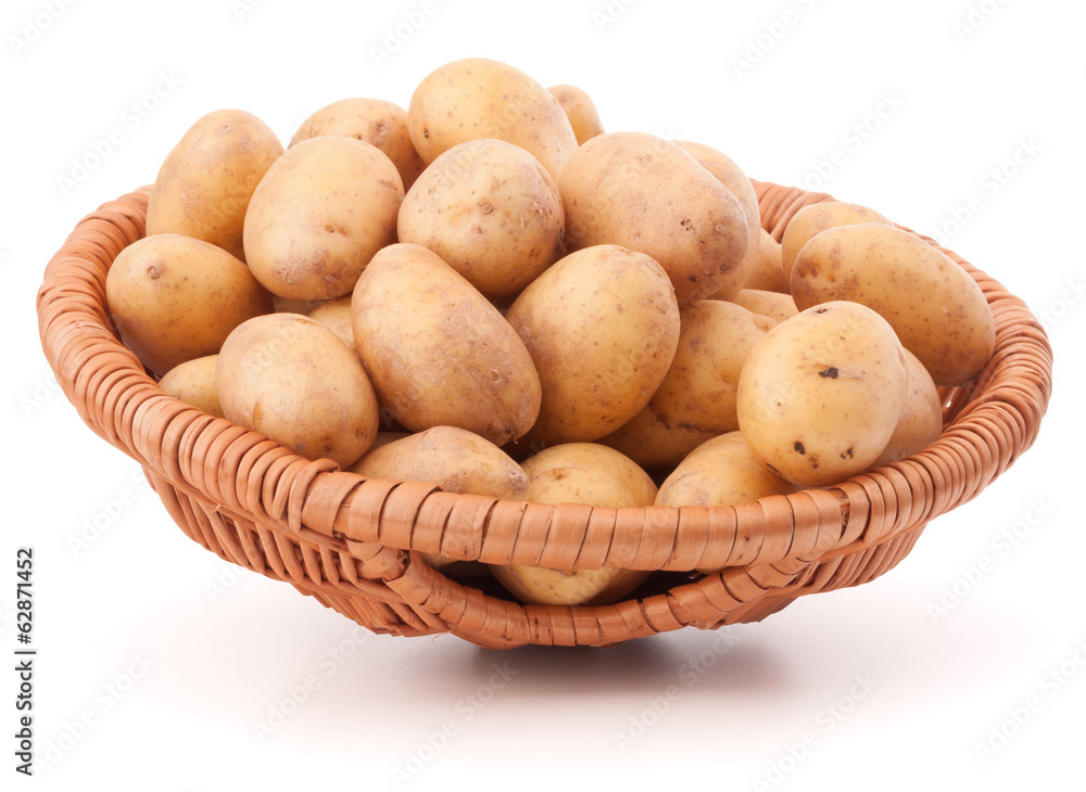 Potato tuber in wicker basket isolated on white background Potato tuber in wicker basket isolated on white background