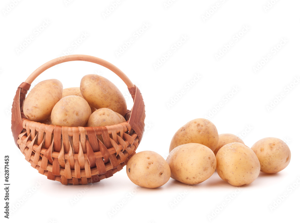 Potato tuber in wicker basket isolated on white background Potato tuber in wicker basket isolated on white background
