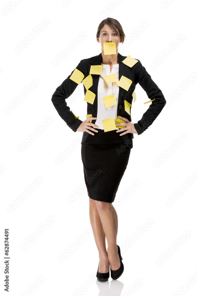 Woman with yellow paper notes Woman with yellow paper notes