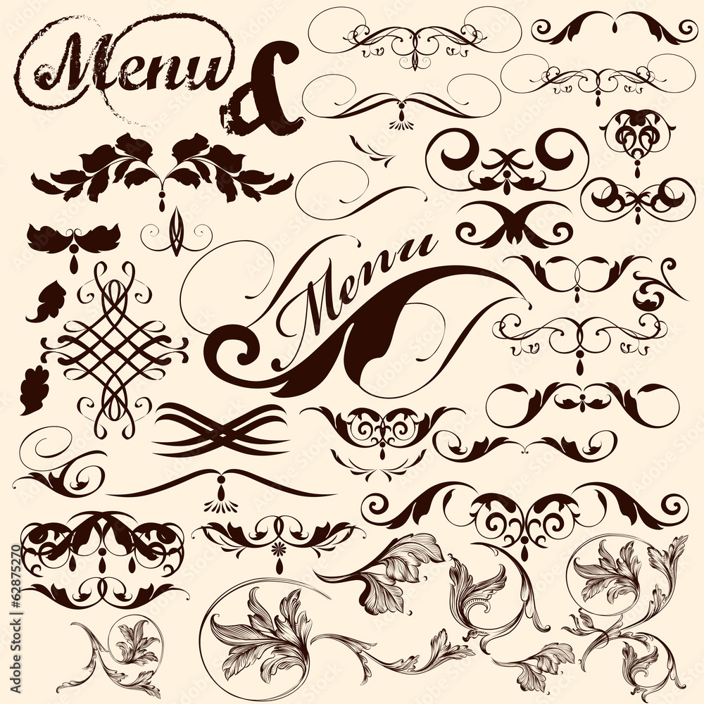 Collection of vector decorative  floral elements in vintage styl